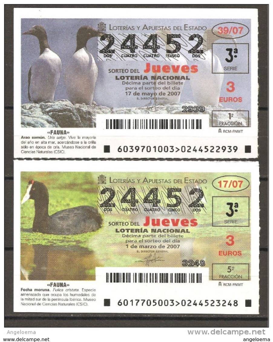 SPAGNA - LOTERIA NACIONAL - 2007 2 Biglietti FAUNA: ARAO E FOLAGA - Biglietti Della Lotteria