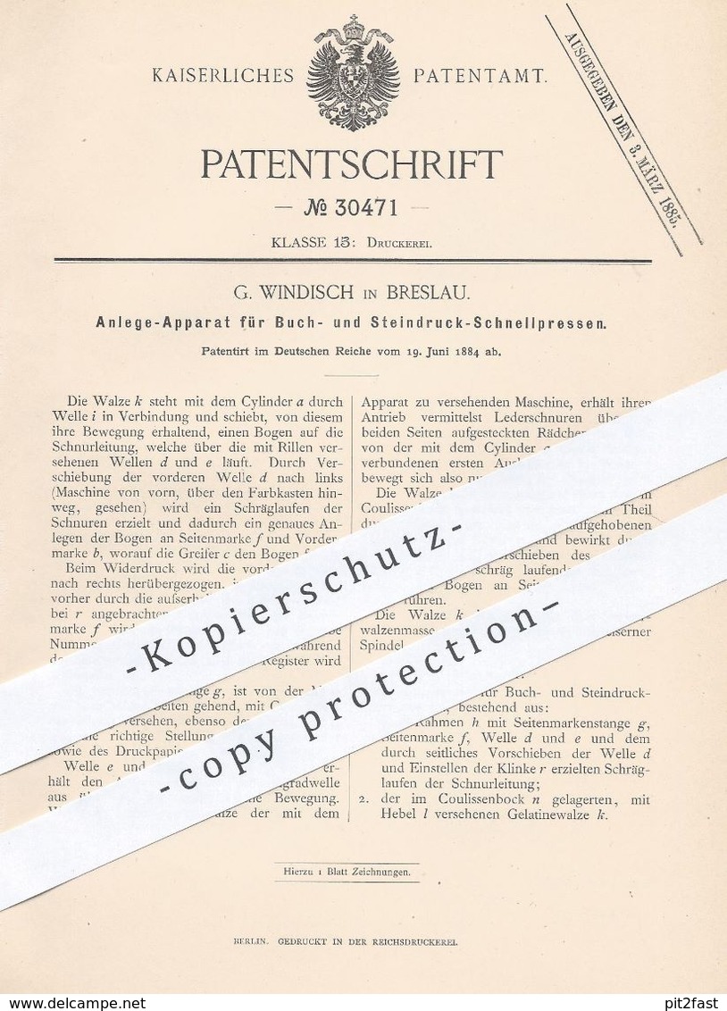 Original Patent - G. Windisch , Breslau , 1884 , Schnellpresse Für Buchdruck , Steindruck | Druckpresse , Druck - Presse - Historische Dokumente