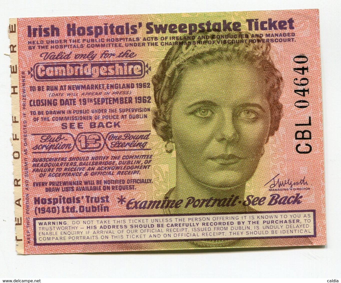 Irlande Ireland " Irish Hospitals' Sweepstake Ticket " Cambridgeshire 1962 AUNC / UNC - Irlande