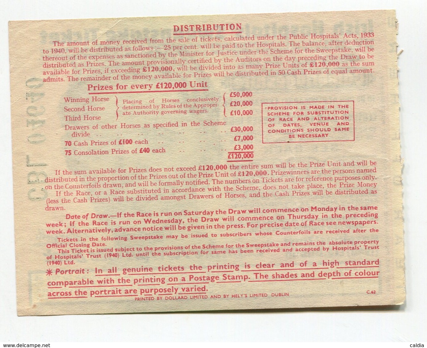 Irlande Ireland " Irish Hospitals' Sweepstake Ticket " Cambridgeshire 1962 AUNC / UNC - Irlande