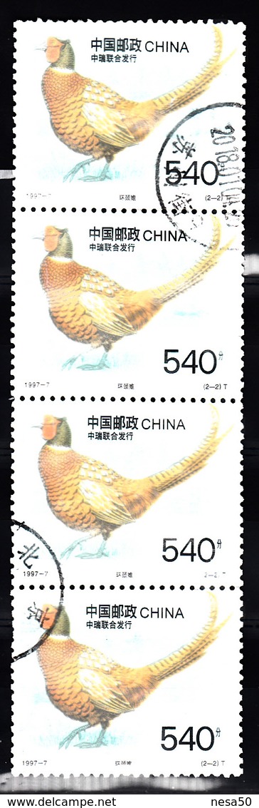 China 1997 Mi Nr 2801, Strook Van 4, Fazant, Pheasant - Gebruikt