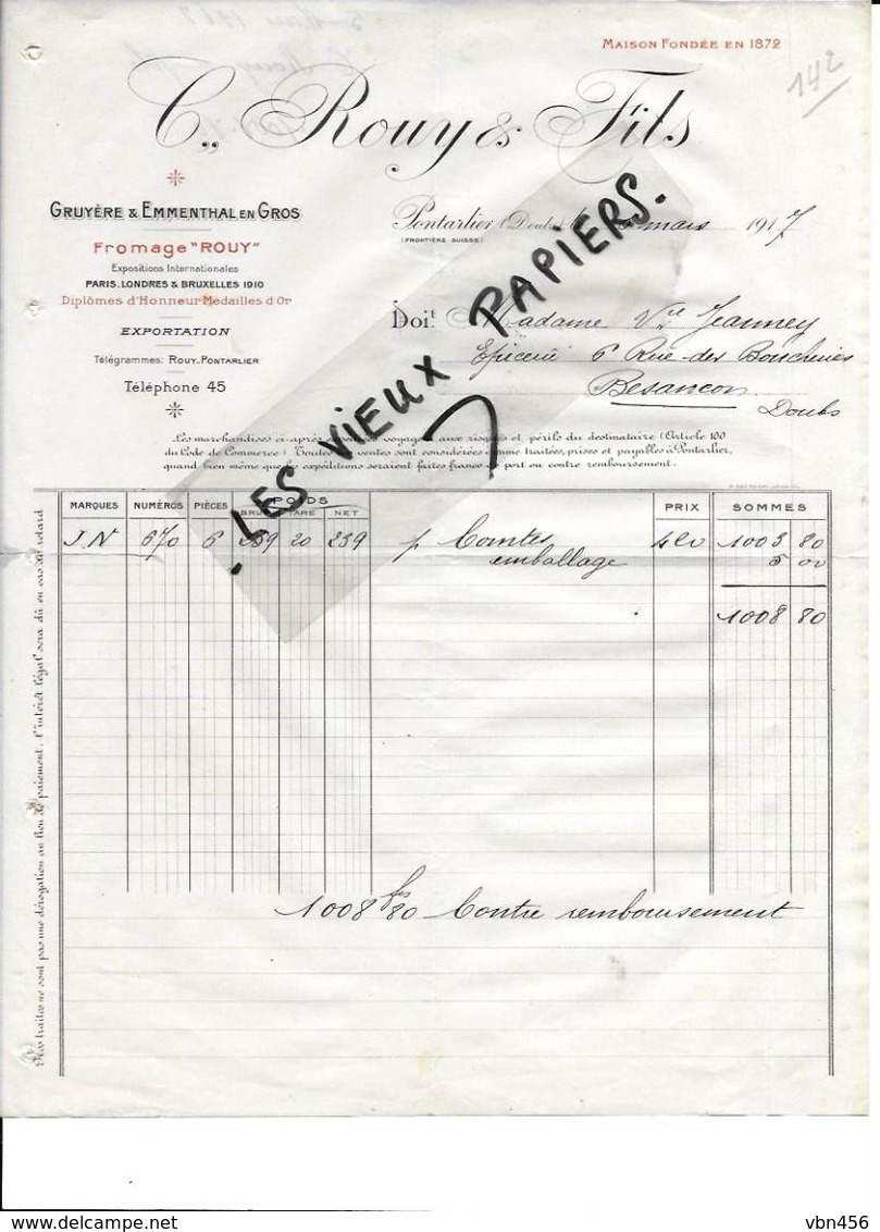 25 - Doubs - PONTARLIER - Facture ROUY - Gruyère Et Emmenthal En Gros - 1917 - REF 86A - 1900 – 1949