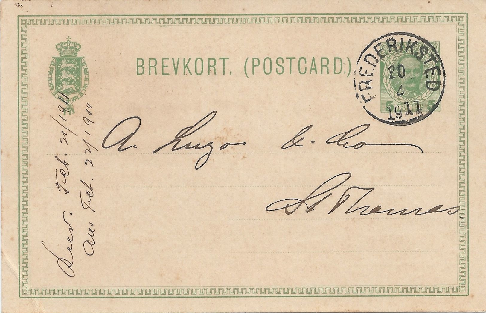 Danish West Indies, UX13 Postal Card, Used In 1911, Sent From Frederiksted To St. Thomas. - Danish West Indies