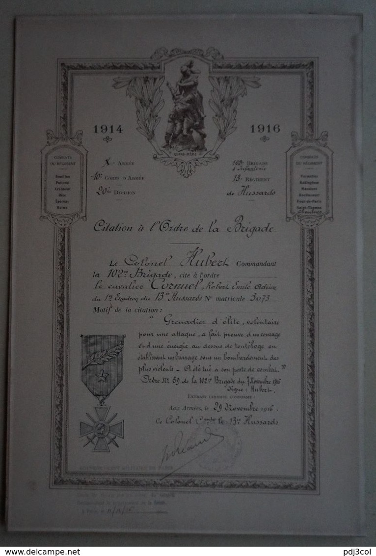 Citation à L'Ordre De La Brigade - 1916 - 13e Régiment De Hussards - Cavalier CORNUEL Robert Tué à Son Poste De Combat - Diplomi E Pagelle