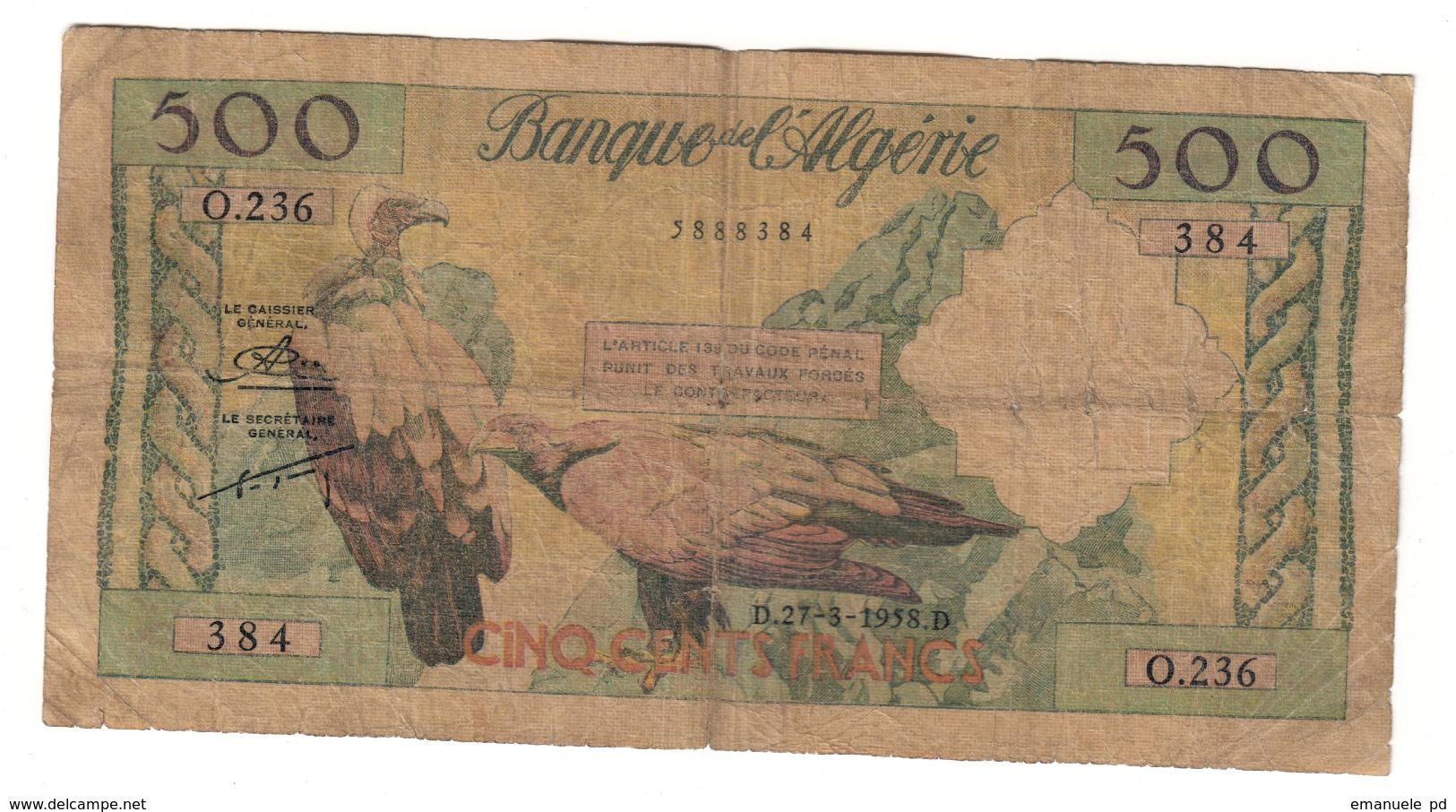 Algeria 500 Francs 27/03/1958 Aigle / Eagle - Algeria