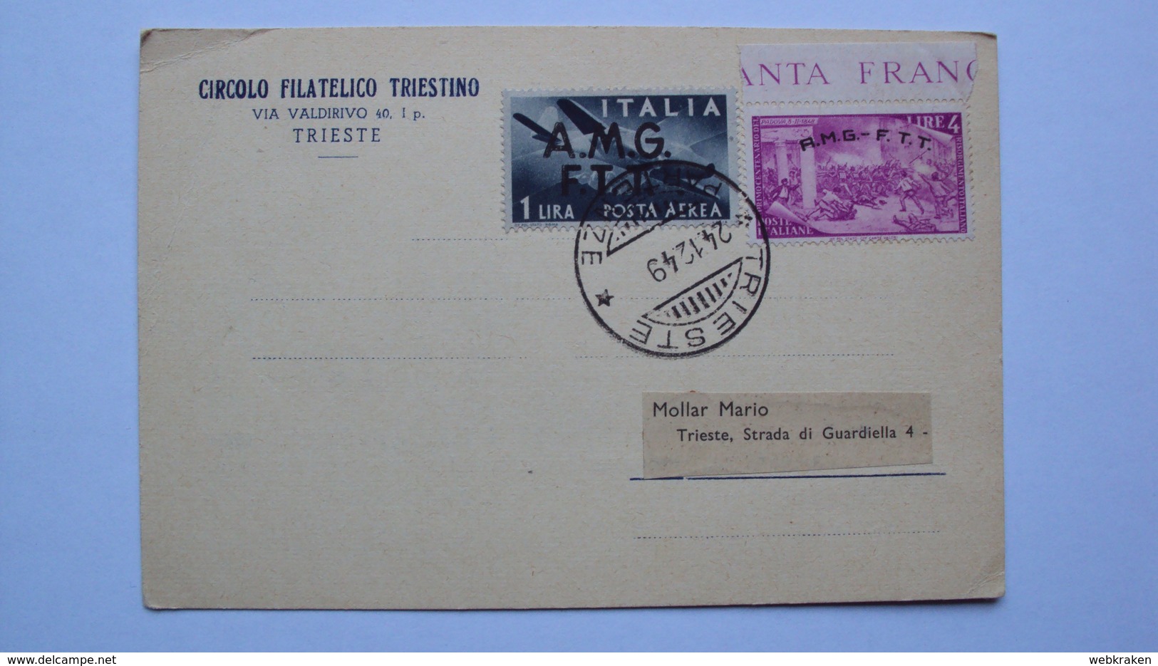 ITALIA TRIESTE AMG-FTT AMG FTT LETTERA CON 4 LIRE RISORGIMENTO E UNA LIRA POSTA AEREA - Storia Postale