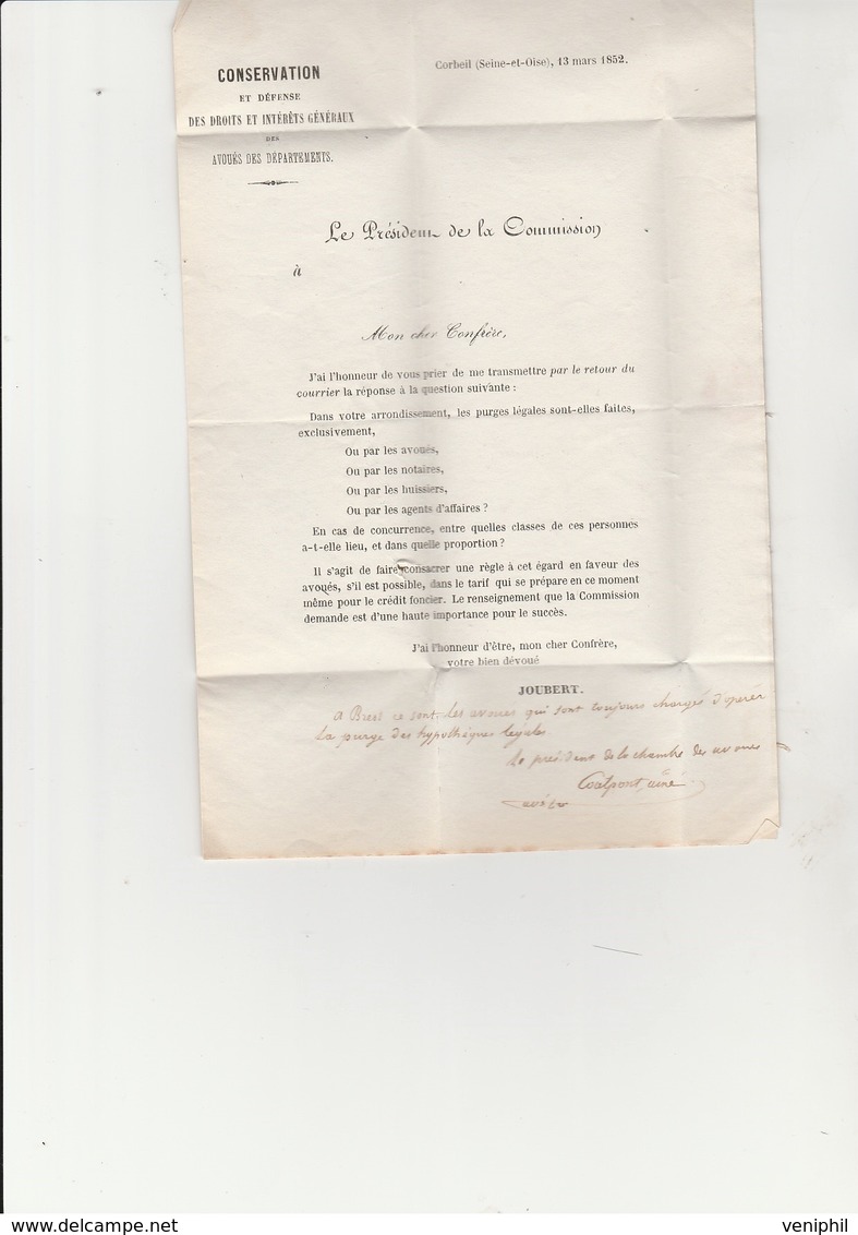 LETTRE OBLITERATION CAD BREST  1852 AVEC TAXE 25  - VOIR EGALEMENT TEXTE - - 1849-1876: Classic Period