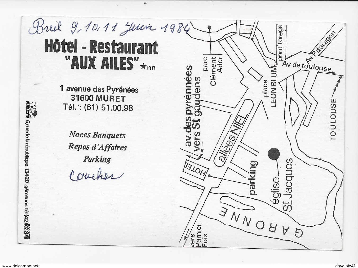 31  MURET  CARTE POSTALE PUBLICITAIRE  HOTEL RESTAURANT AUX AILES  TRES  BON ETAT 2 SCANS - Muret