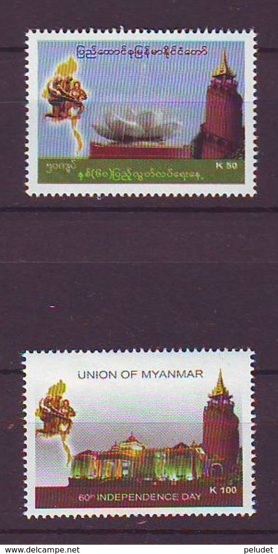 Myanmar - 2008 Independence 60 Yrs 2v  ** Mi 382-383 - Myanmar (Burma 1948-...)