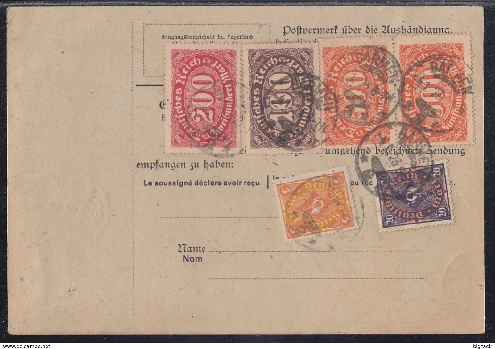DR Paketkarte Mif Minr.205,207,219,220,4x 223 Barmen 4.1.23 Gel. In Schweiz - Briefe U. Dokumente