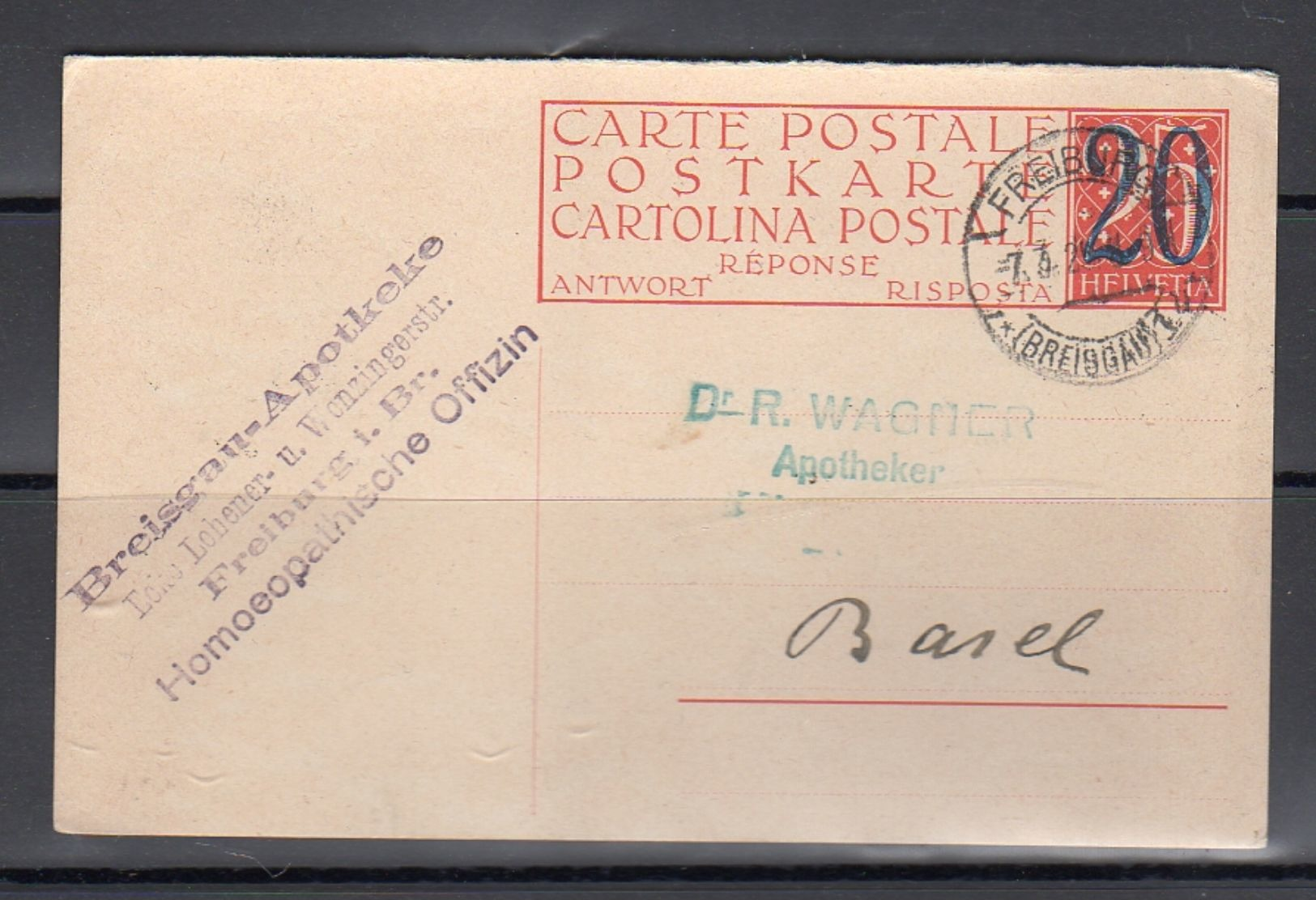 1925 Breisgau-Apotheke Homeopatische Offizin Freiburg > R. Wagner Apotheker Basel (157) - Stamped Stationery