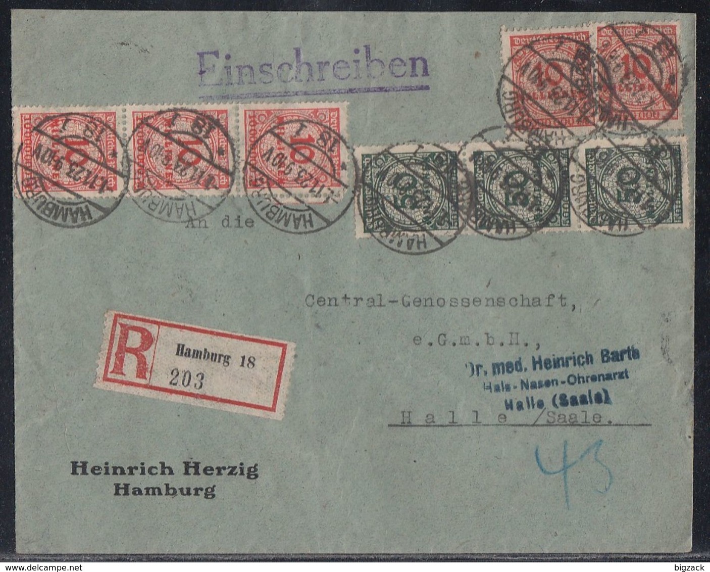 DR R-Brief Mif Minr.5x 318A,3x 321A Hamburg 1.11.23 - Briefe U. Dokumente