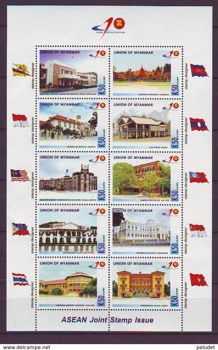 Myanmar - 2007 ASEAN MiniSheet Of 10 M/s ** Mi 372-381KB - Myanmar (Burma 1948-...)