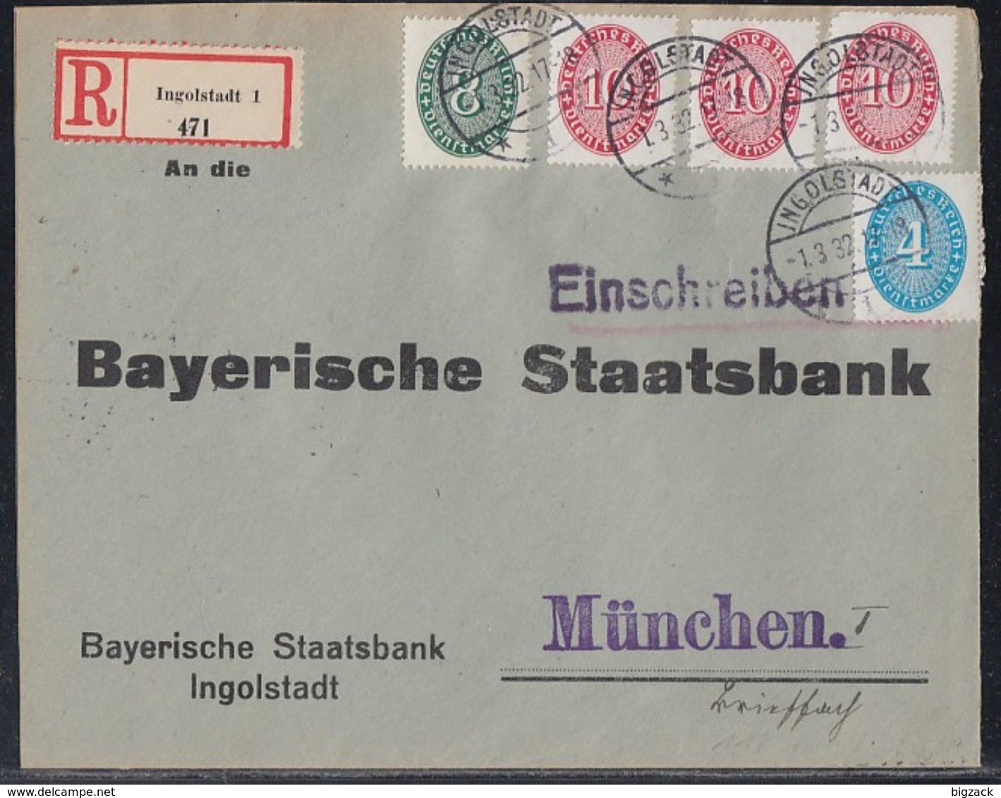 DR R-Brief Dienst Mif Minr.D116,3x D117,127 Ingolstadt 1.3.32 - Dienstmarken