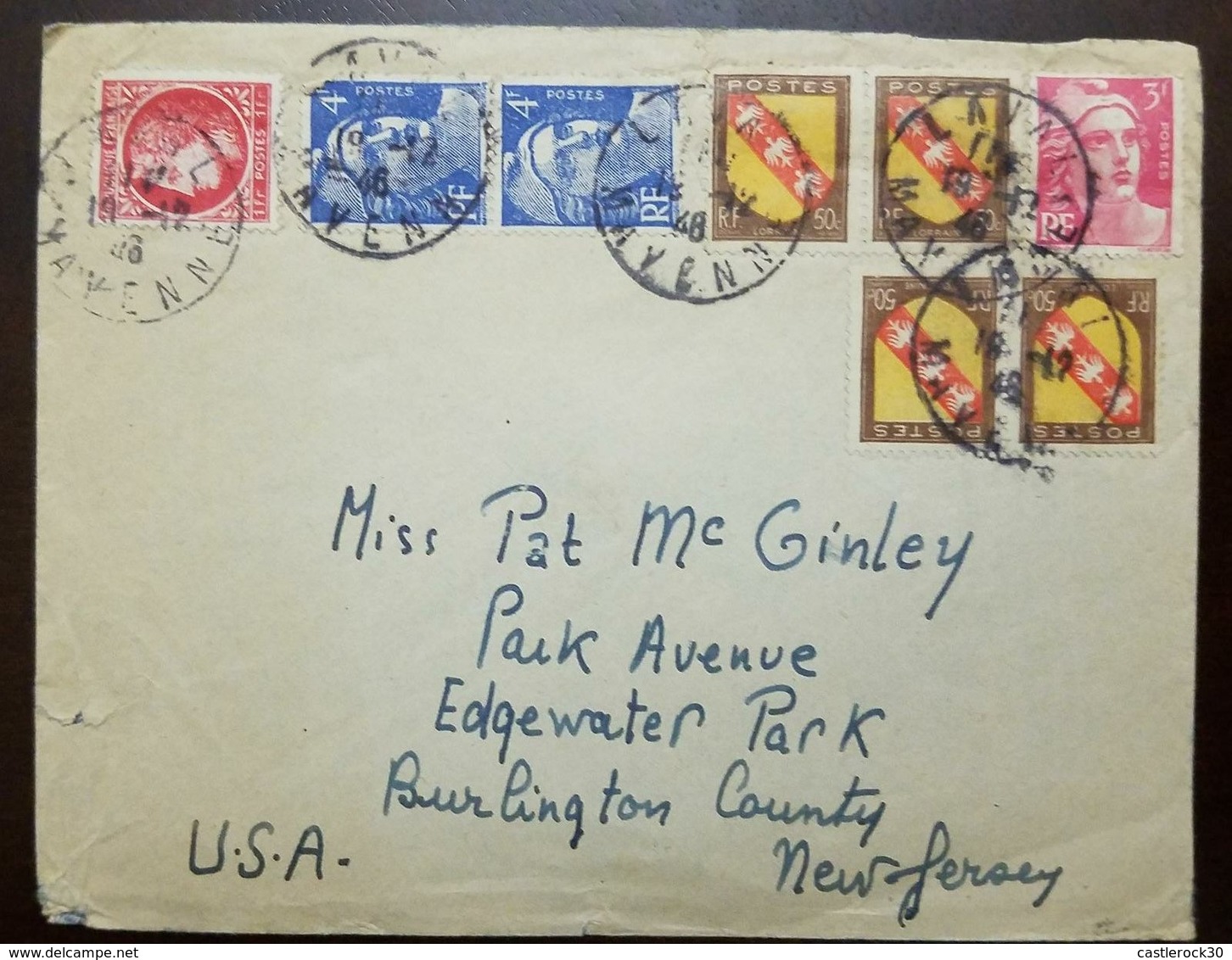 O) 1946 FRANCE, CERES 1F. RED, MARIANE 4 F. BLUE AND RED, COAT OF ARMS FLANDERS, TO NEW YORK, XF - Covers & Documents