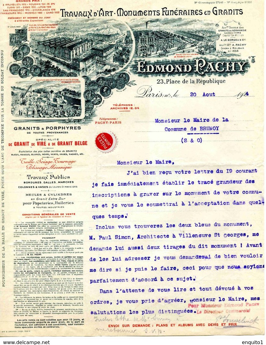 Marbrerie Edmond PACHY,  Travaux D'art Et Monuments Funéraires En Granit, PARIS 10°, Place De La République N° 23, 1924 - Sonstige & Ohne Zuordnung