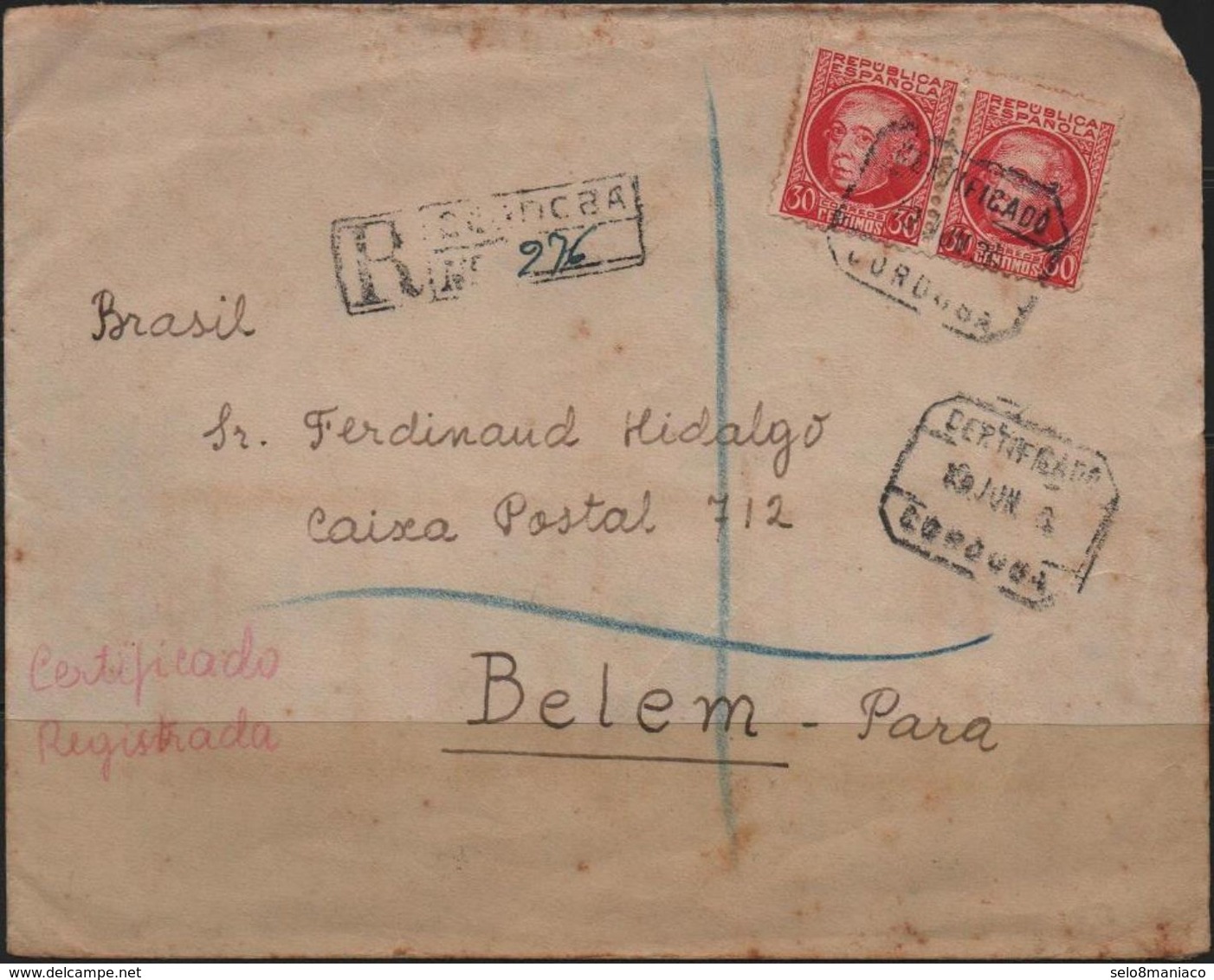 C3187-Spain-Registered Cover From Cordoba To Belém, PA, Brazil-1936 - Covers & Documents