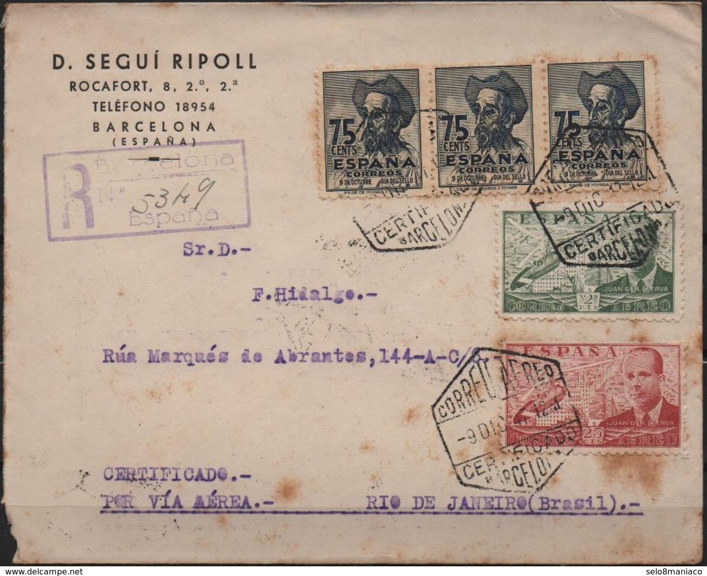 C3188-Spain-Registered Cover From Barcelona To Rio, Brazil-1947 - Covers & Documents