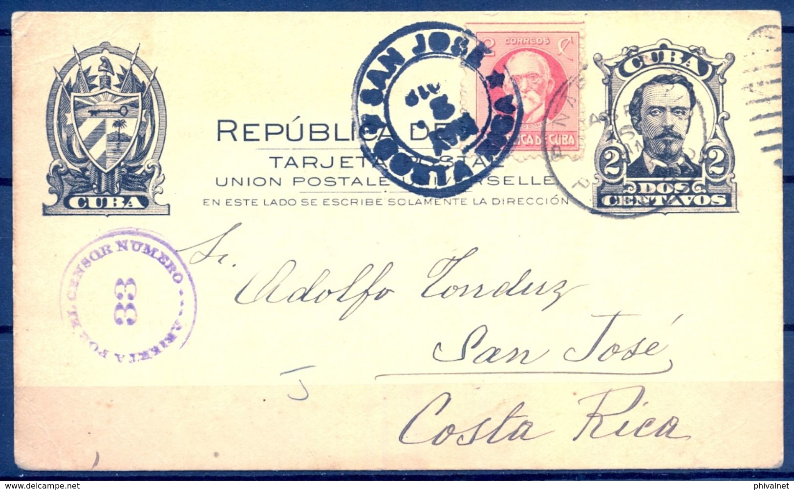 1918 , CUBA , ENTERO POSTAL CIRCULADO ENTRE PINAR DEL RIO Y SAN JOSÉ DE COSTA RICA , CENSURA , LLEGADA - Covers & Documents