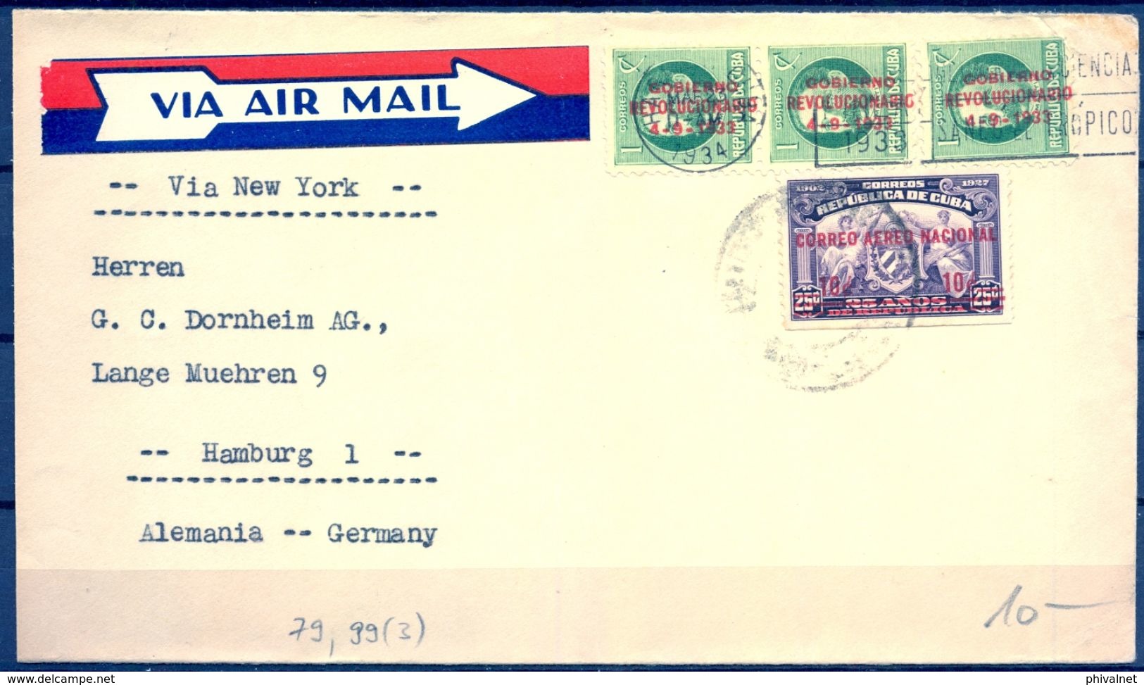 1933 , CUBA , SOBRE CIRCULADO ENTRE LA HABANA Y HAMBURGO , VIA NUEVA YORK , INTERESANTE FRANQUEO - Cartas & Documentos