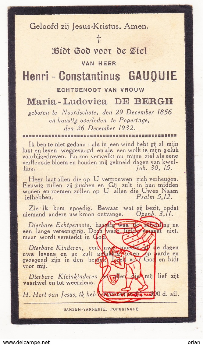 DP Henri C. Gauquie ° Noordschote Lo-Reninge 1856 † Poperinge 1932 X Maria L. De Bergh - Images Religieuses