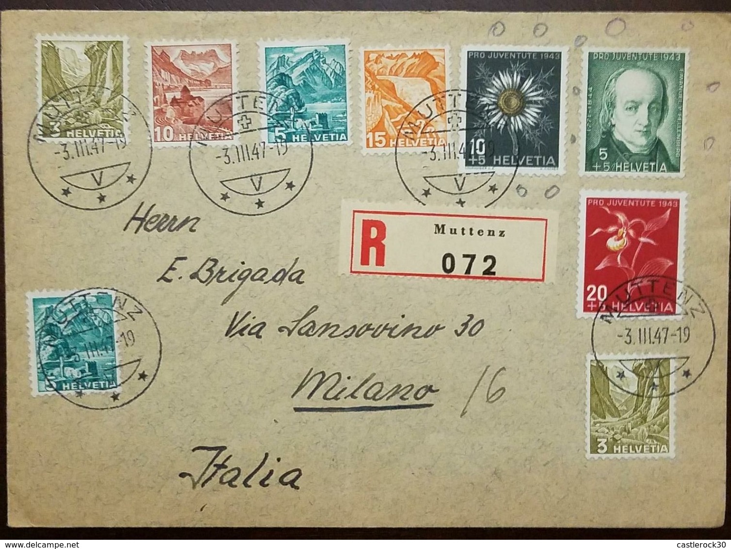 O) 1947 SWITZERLAND, RHONE GLACIER-CHILLON CASTLE-STAUBBACH FALLS-EMANUEL VON FELLENBERG SP122-SILVER THISTLE, TO  ITALY - Covers & Documents