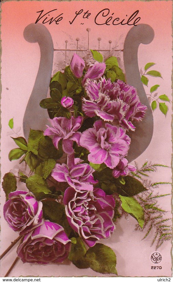 AK Vive Ste. Cecile - Violette Blumen - Harfe (32670) - Blumen