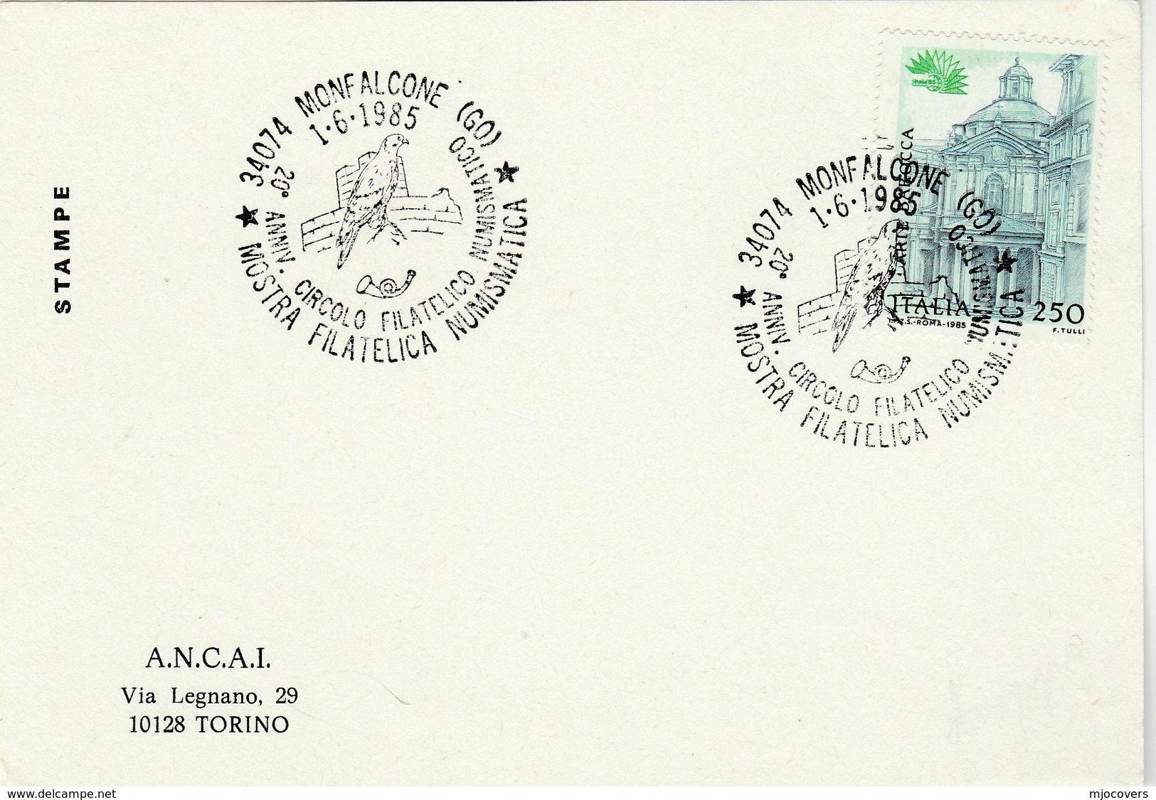 1985 Monfalcon FALCON BIRD EVENT COVER Card  Stamps Italy Birds - Eagles & Birds Of Prey
