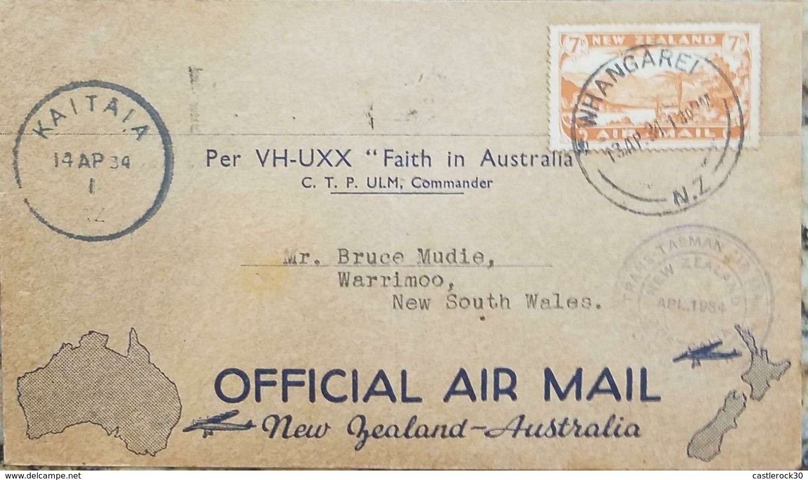 L) 1934 NEW ZEALAND, PALM, NATURE, 7D, AIR MAIL, CIRCULATED COVER FROM NEW ZEALAND TO AUSTRALIA - Covers & Documents