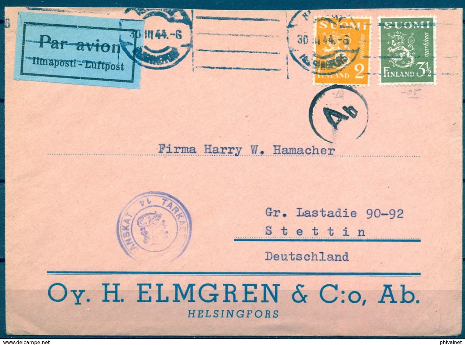 1944 , FINLANDIA , SOBRE CIRCULADO ENTRE HELSINKI Y STETTIN , CENSURADO , CORREO AÉREO - Cartas & Documentos