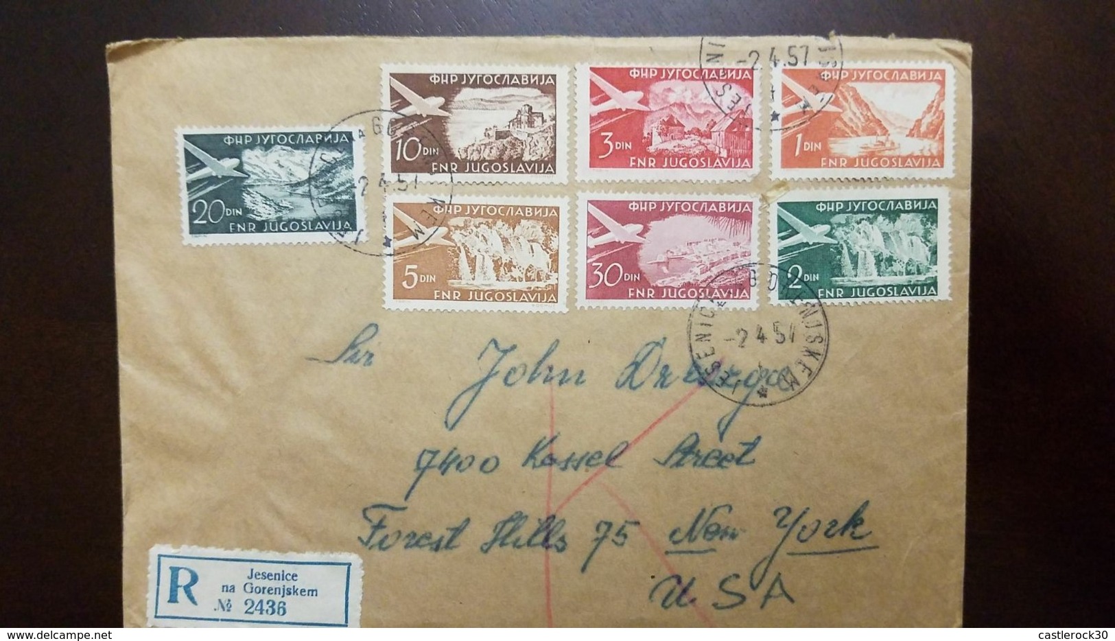 O) 1957 YUGOSLAVIA, IRON GATE DERPAD-CASCADES-OHRID-CAROLINA-GULF OF KOTOR- DUBROVNIK, REGISTERED FROM JESENICE TO USA, - Covers & Documents
