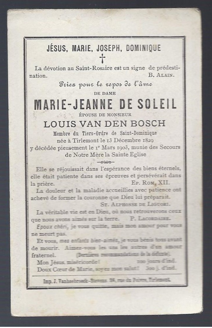 DP DE SOLEIL ( VAN DEN BOSCH ) ° TIRLEMONT TIENEN 1829 + 1903 BOUASSE LEBEL PARIS - Devotieprenten