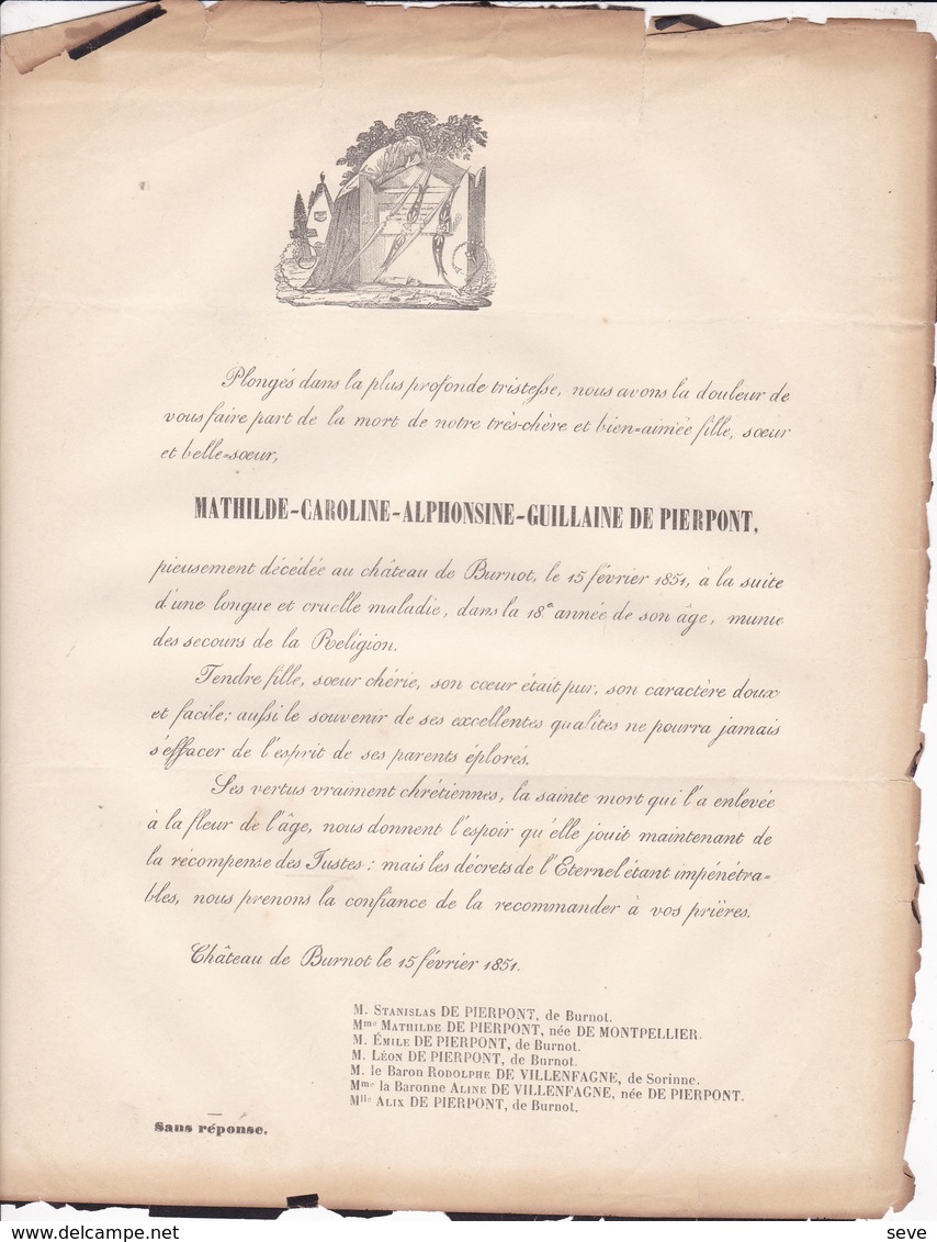 Château De BURNOT Mathilde De PIERPONT 18 Ans En 1851 De MONTPELLIER - Décès