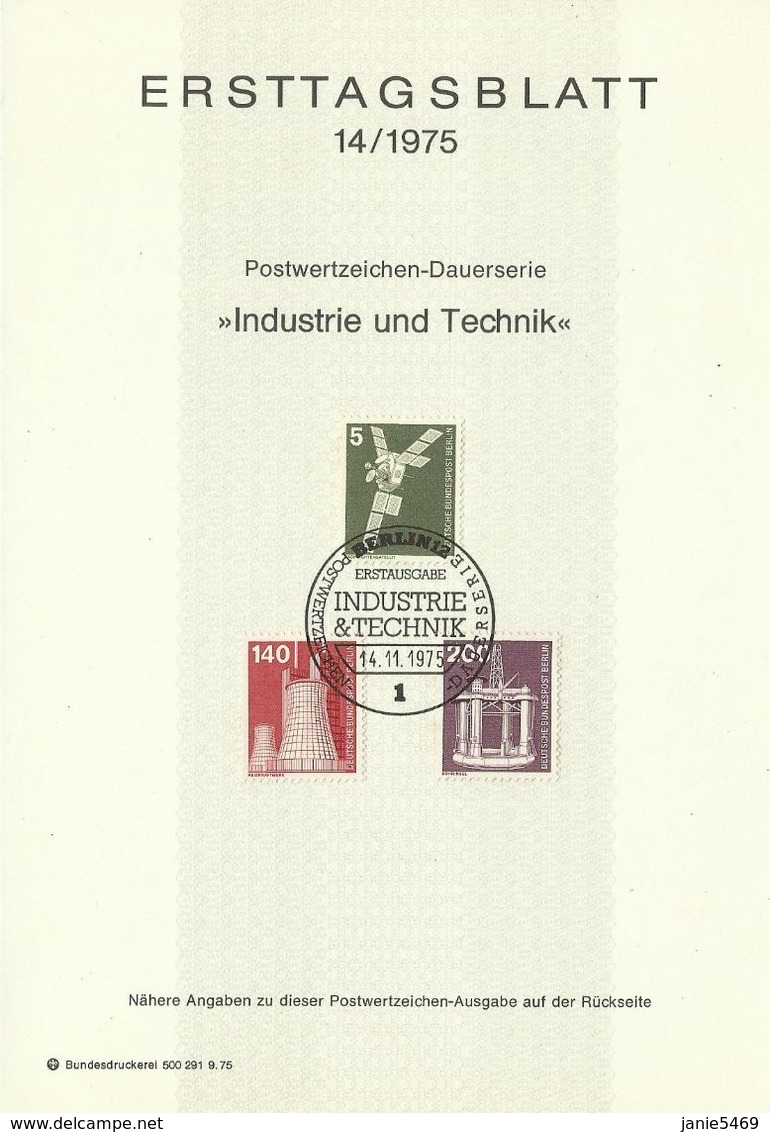 Germany Berlin 1975 Industries 5pf,140 And 200 Pf First Day Sheet - 1st Day – FDC (sheets)