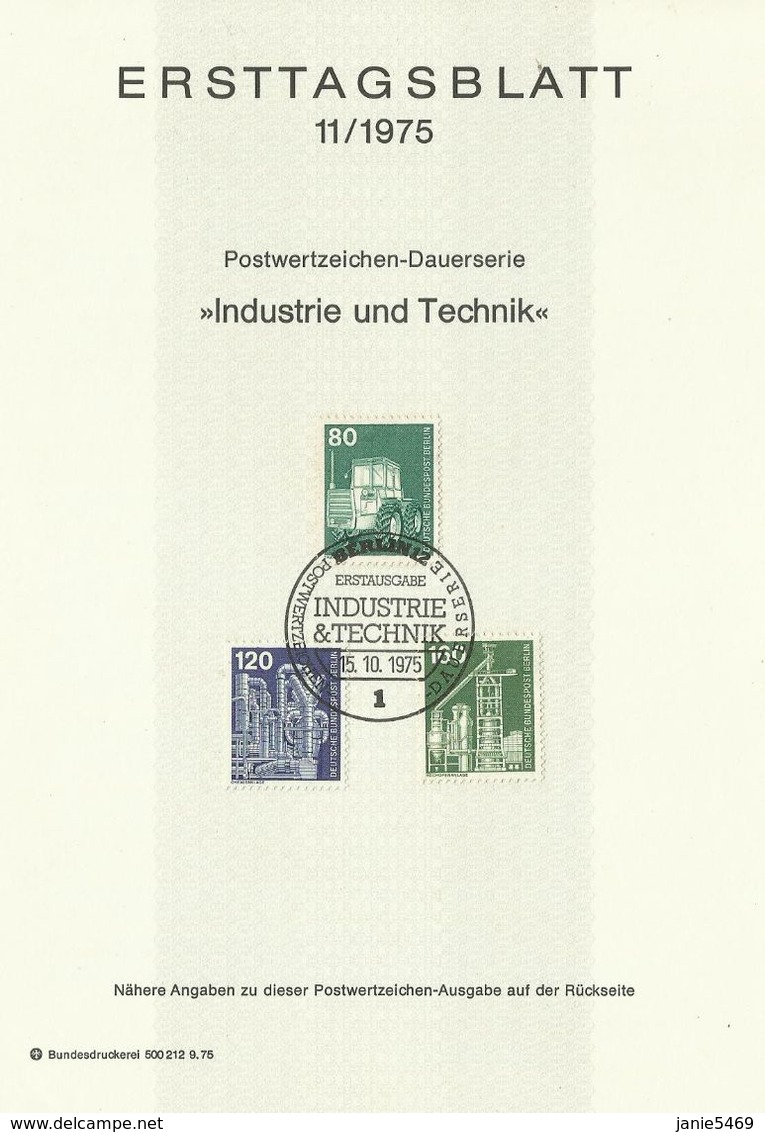 Germany Berlin 1975 Industries 80pf,120 And 100 Pf First Day Sheet - 1st Day – FDC (sheets)