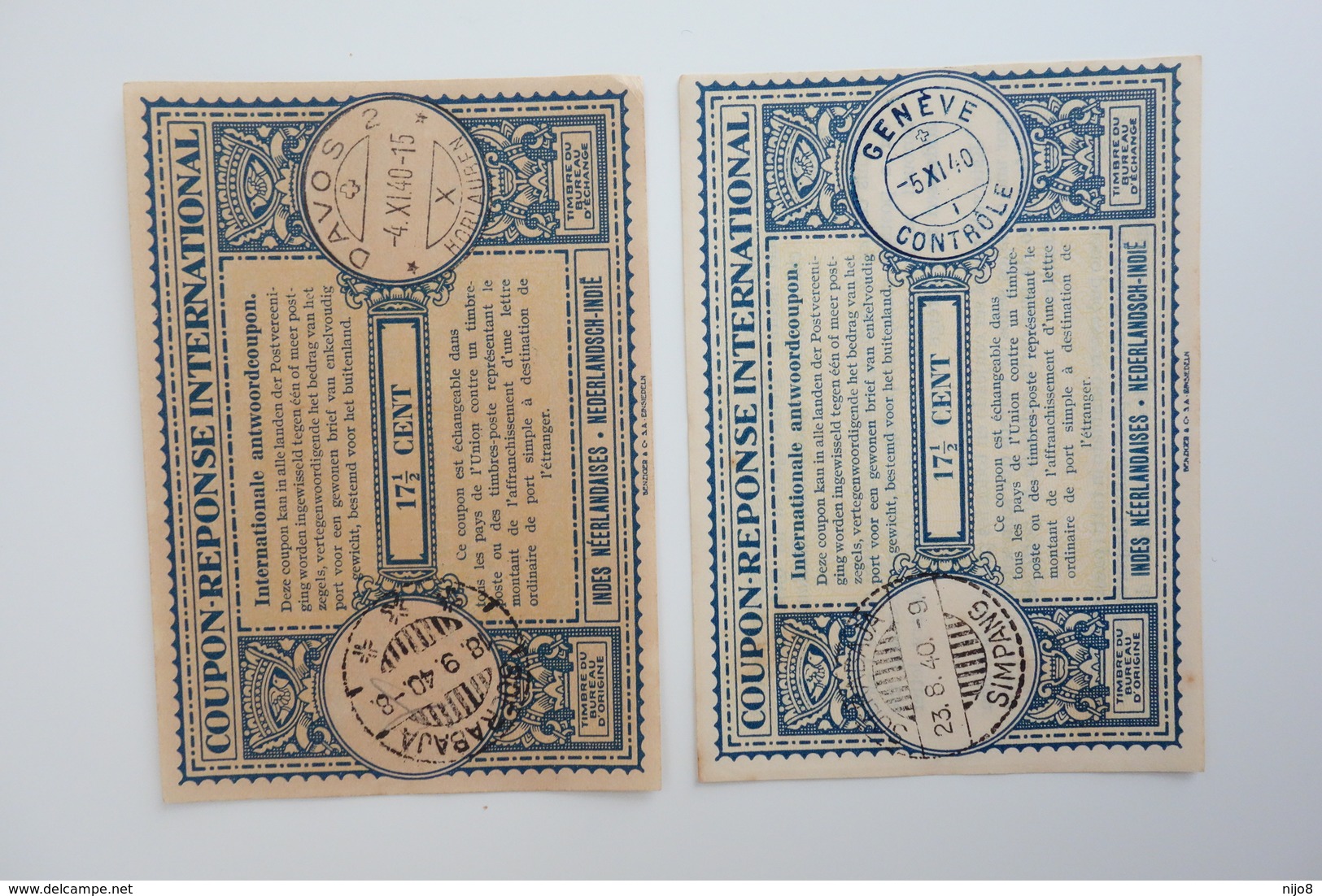 NETHERLAND INDIES : 2x INTERNATIONAL REPLY COUPON 171/2c  W/ SOERABAJA & SOERABAJA-SIMPANG Cancels  (1940) - Netherlands Indies