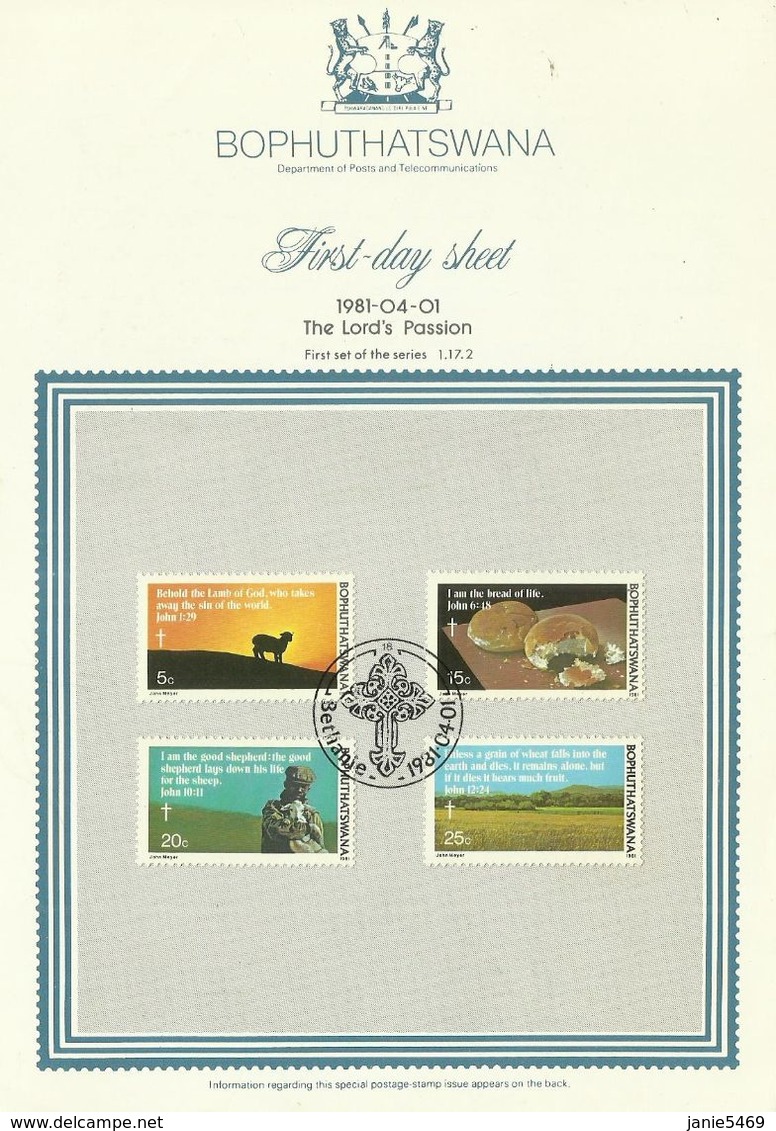 South Africa Bophuthatswana 1981 The Lord's Passion First Day Sheet - Bophuthatswana