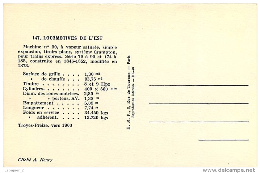 Thème Train Machine N°90 Troyes-Preize Vers 1900 Locomotives De L'est CP Ed. H.M.P. N° 147 Locomotive Vapeur - Trains