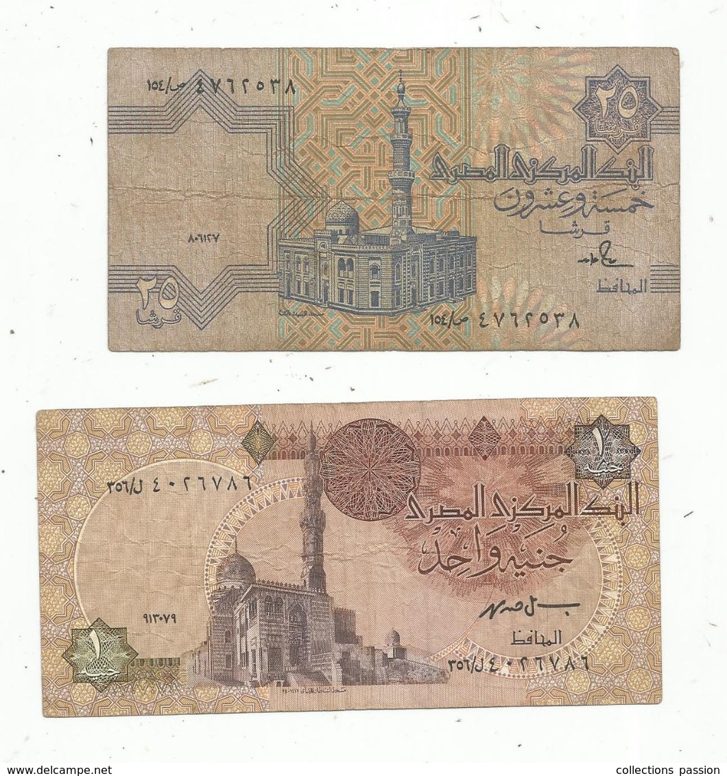 Billet , EGYPTE , Central Bank Of EGYPT , 1 Pound , 25 Piastres , 2 Scans , LOT DE 2 BILLETS - Egypte