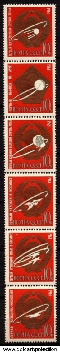 USSR Russia 1963 Strip First In Space Sputnik Moon Pennant Vostok Rocket Flight Stamps MNH Sc 2830-2835 Mi 2852-2857 - Russia & USSR