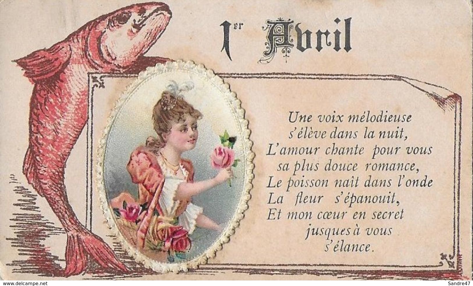 CPA. 1er Aril. Mignonette 60x 100.Une Voix Mélodieuse S'élève Dans La Nuit. ..Jolie Femme En Médaillon, Découpi.  .B320 - 1er Avril - Poisson D'avril