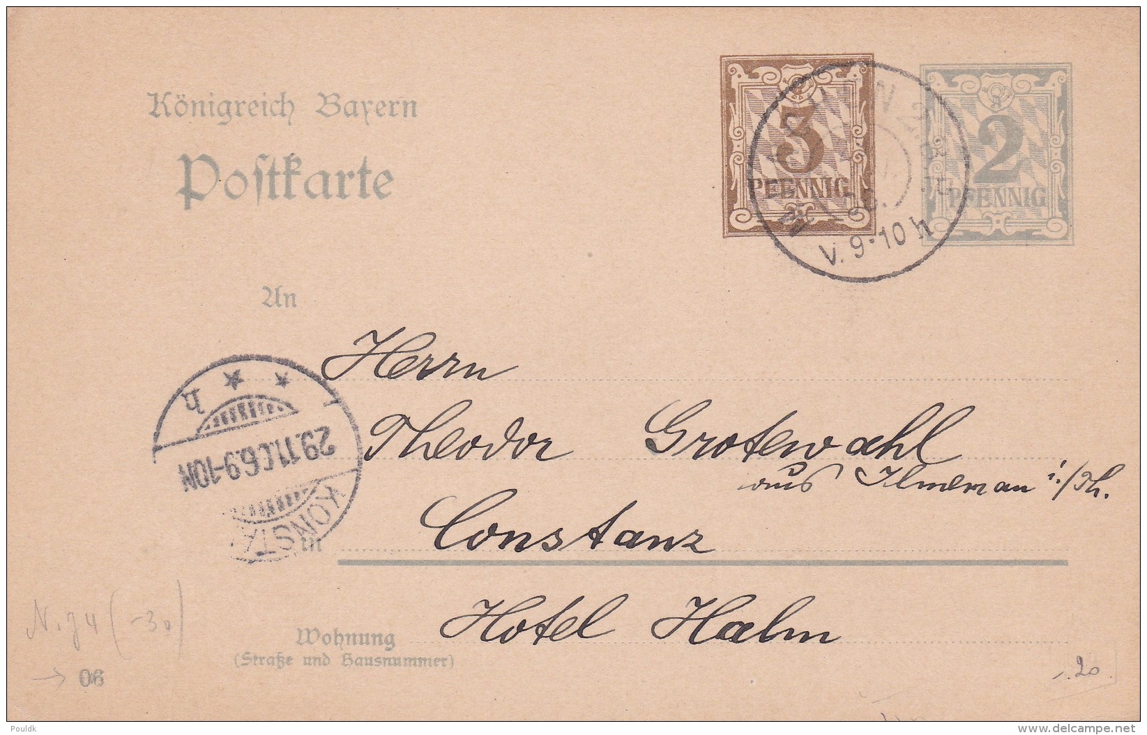 Königreich Bayern Postal Stationary Upfranked Posted 1906 And Konstanz Postmark (DD17-10) - Autres & Non Classés
