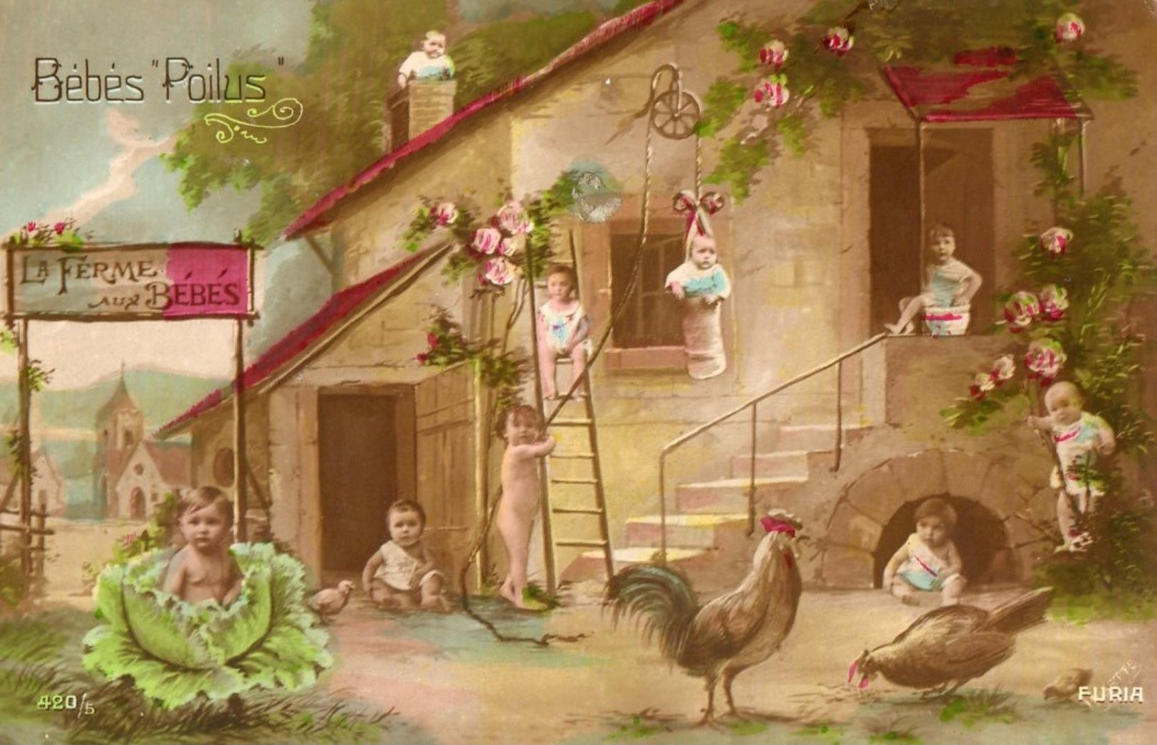 CPA Bébés Des Poilus. La Ferme Aux Bébés. Fleurs, Chou. 1916. - Patriotic