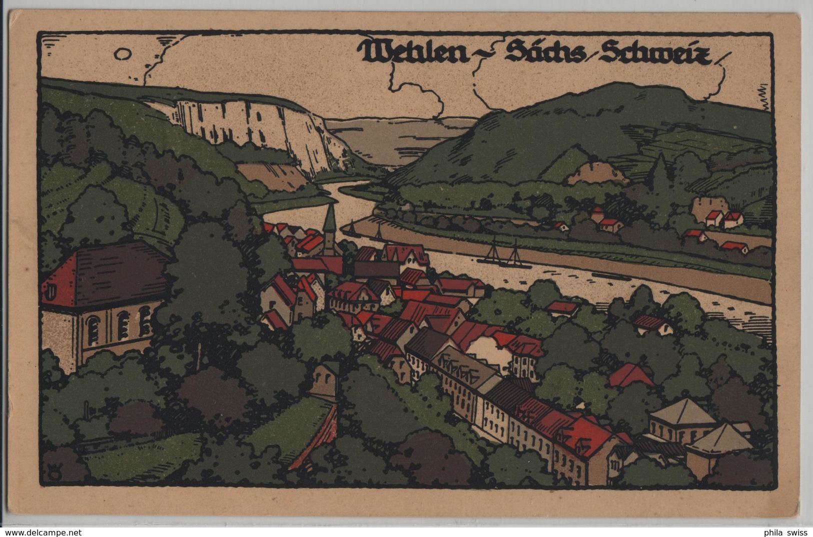 Wehlen - Sächsische Schweiz - Künstler Stein-Zeichnung Lithographie - Wehlen