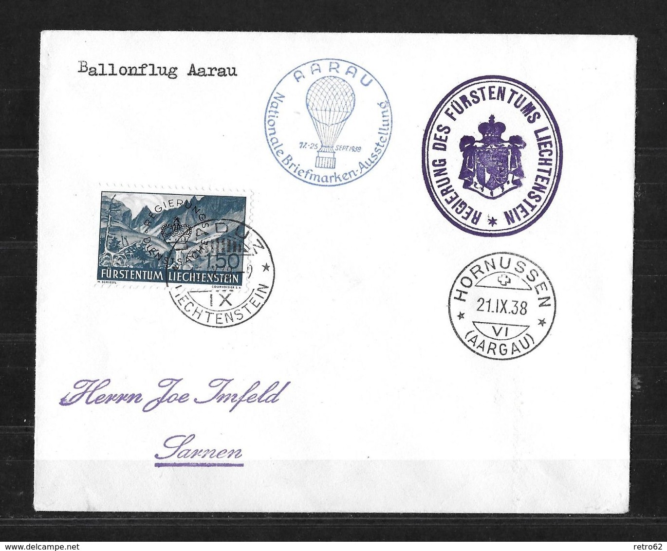 1938 BALLONFLUG AARAU → Brief Hr.Joe Imfeld Sarnen, Nat.Briefmarkenausstellung, Stempel Hornussen & Vaduz - Aéreo