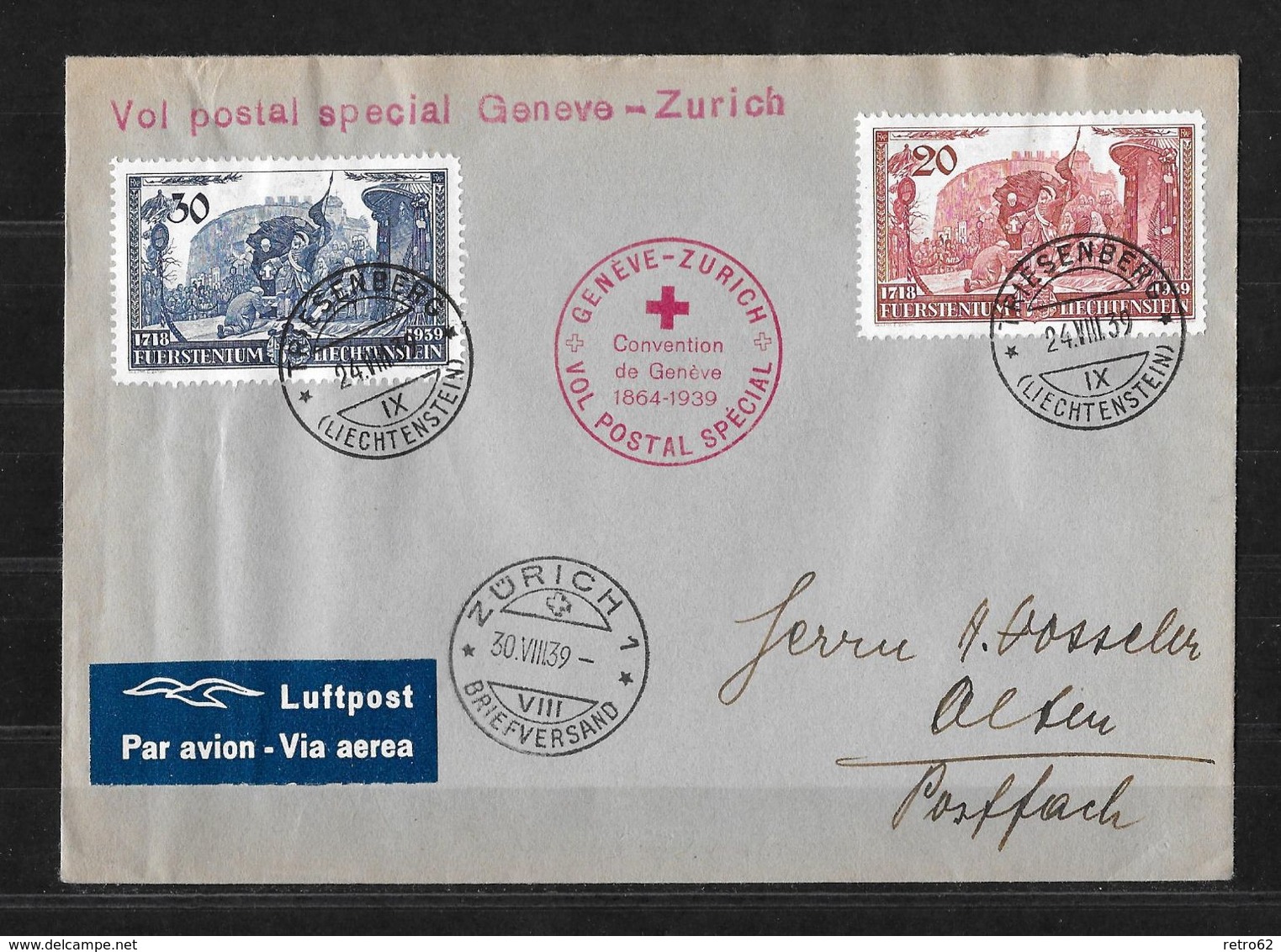 1939 GENÈVE - ZÜRICH → Vol Postal Special Genève-Zürich, Triesenberg Via Zürich Nach Olten - Poste Aérienne