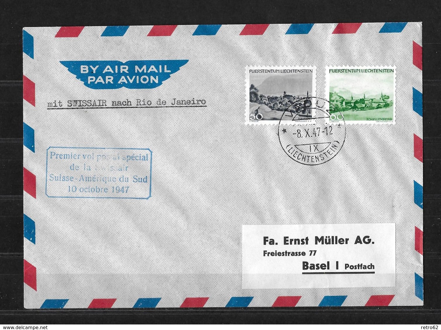 1947 SWISSAIR SUISSE-AMÉRIQUE DU SUD → Nach Rio De Janeiro, Vaduz 8.X.47 - Poste Aérienne