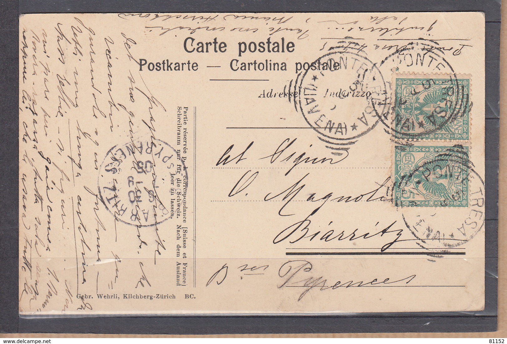 CPA De Lago Di LUGANO  Presso Oria Visitazione   Dogauale 1905  ANIMEE Num 16227  Timbres PAIRE De 5c Vert Pour BIARRITZ - Autres & Non Classés