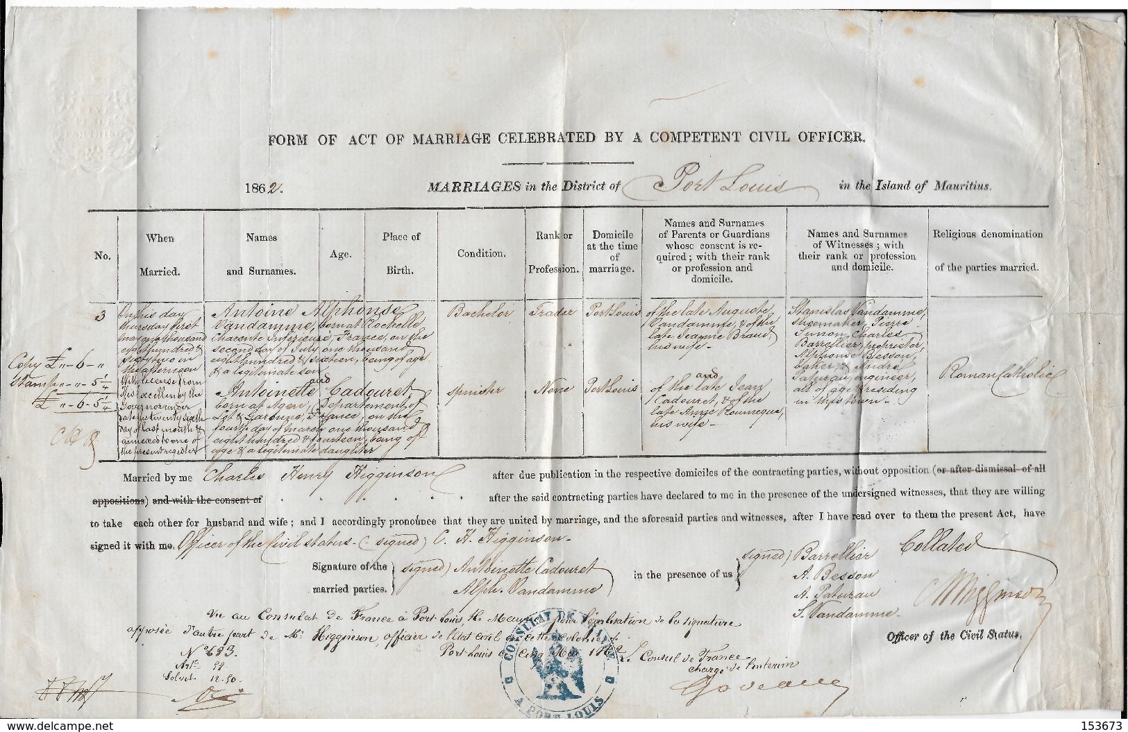 Acte Mariage Mauritius 1862 (Ile Maurice) Timbre à Sec 5 Pence Farthing. Mariage Alphonse VANDAMME - Antoinette CADOURET - Documents Historiques