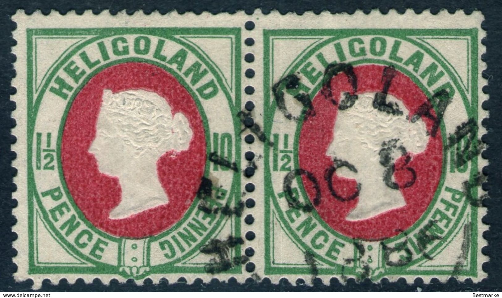 Heligoland OC 8 1886 Auf 1 1/2 Pence Mittelgrün/mittellilakarmin - Helgoland Nr. 14 B Im Paar - Kabinett - Heligoland